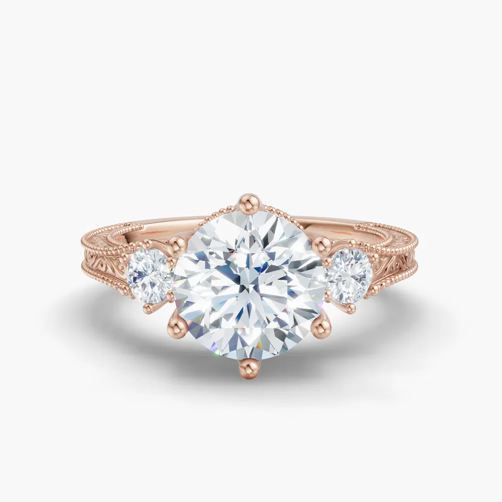 Certified 1 carat Lab Grown Diamond Round Cut Three Stone, Unique, Milgrain Engagement Ring in 18K Rose Gold-Zara