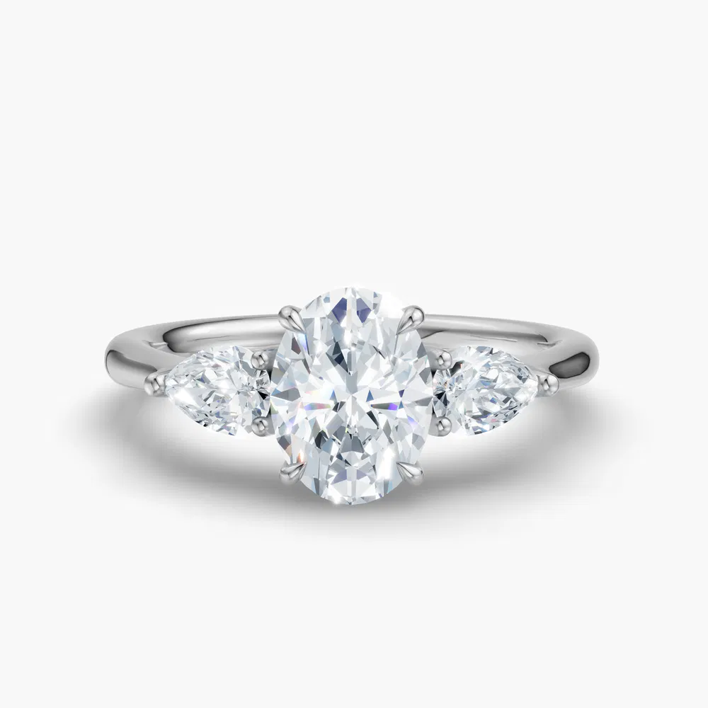 Certified 1 carat Lab Grown Diamond Oval Cut Three Stone, Side Stone, Low profile Engagement Ring in 14K White Gold-Hailu