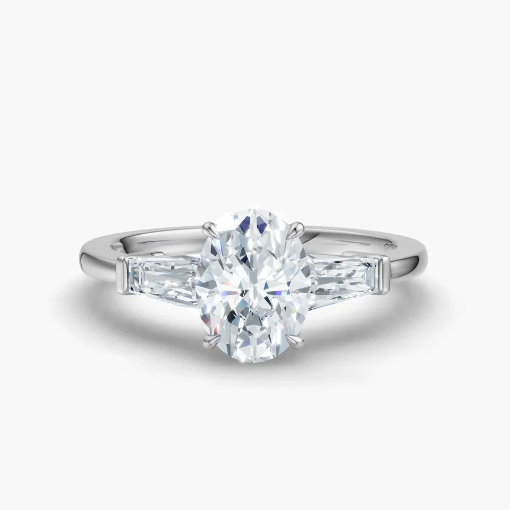 Certified 1 carat Lab Grown Diamond Oval Cut Three Stone, Baguette, Cathedral Engagement Ring in 14K White Gold-Glyss