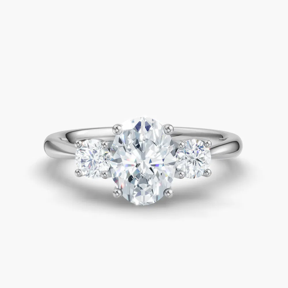 Certified 1 carat Lab Grown Diamond Oval Cut Three Stone, Side Stone, Low profile Engagement Ring in 14K White Gold-Dhyra