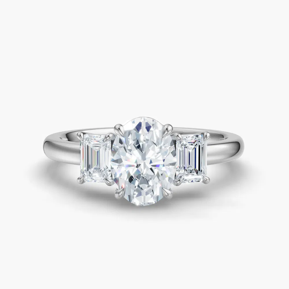 Certified 1 carat Lab Grown Diamond Oval Cut Three Stone, Side Stone, Low profile Engagement Ring in 14K White Gold-Nectarl