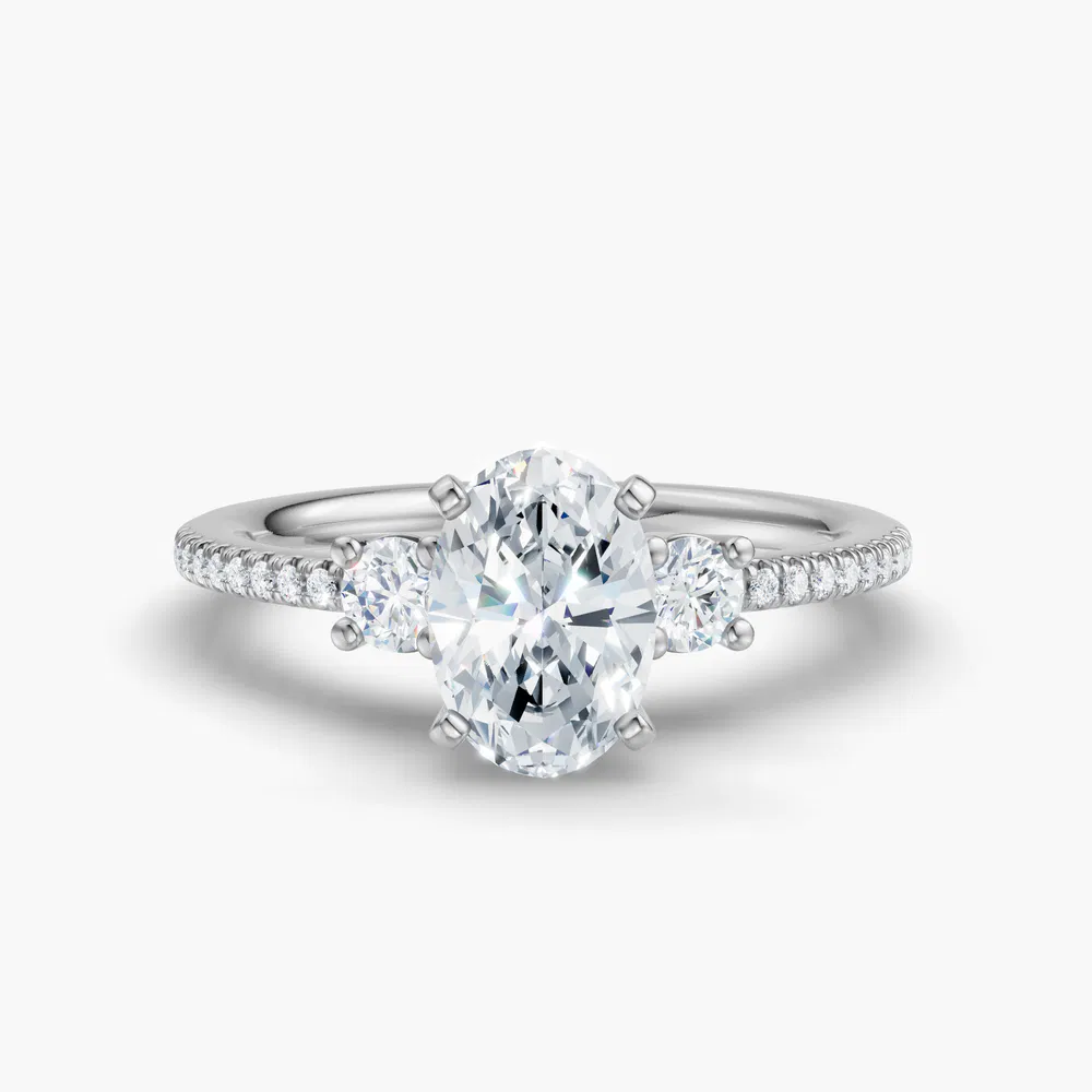 Certified 1 carat Lab Grown Diamond Oval Cut Three Stone, Pavé, Side Stone Engagement Ring in 14K White Gold-Vynix