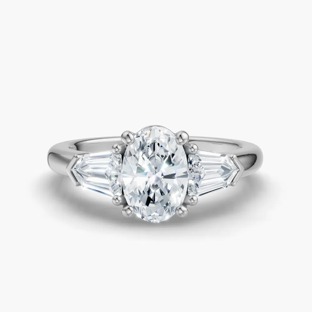 Certified 1 carat Lab Grown Diamond Oval Cut Three Stone, Side Stone Engagement Ring in 14K White Gold-Lyris