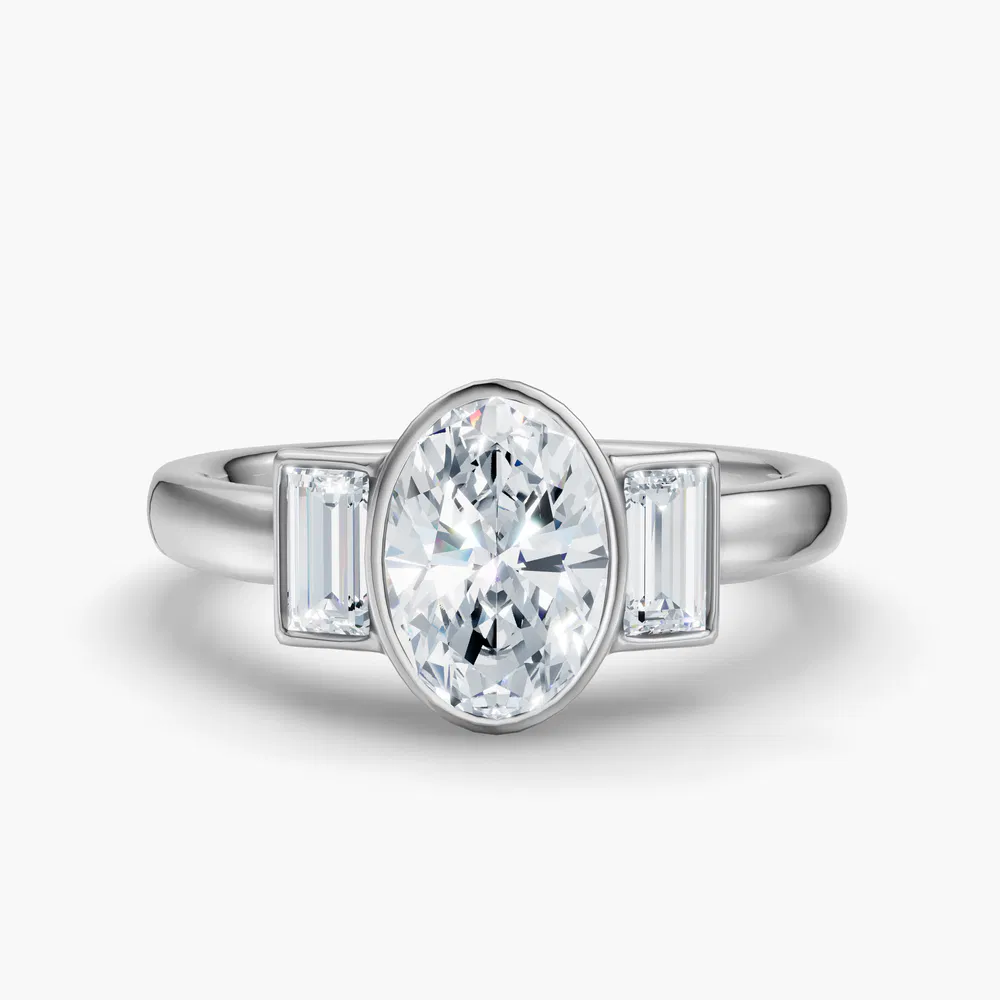 Certified 1 carat Lab Grown Diamond Oval Cut Three Stone, Bezel, Baguette Engagement Ring in 14K White Gold-Kine