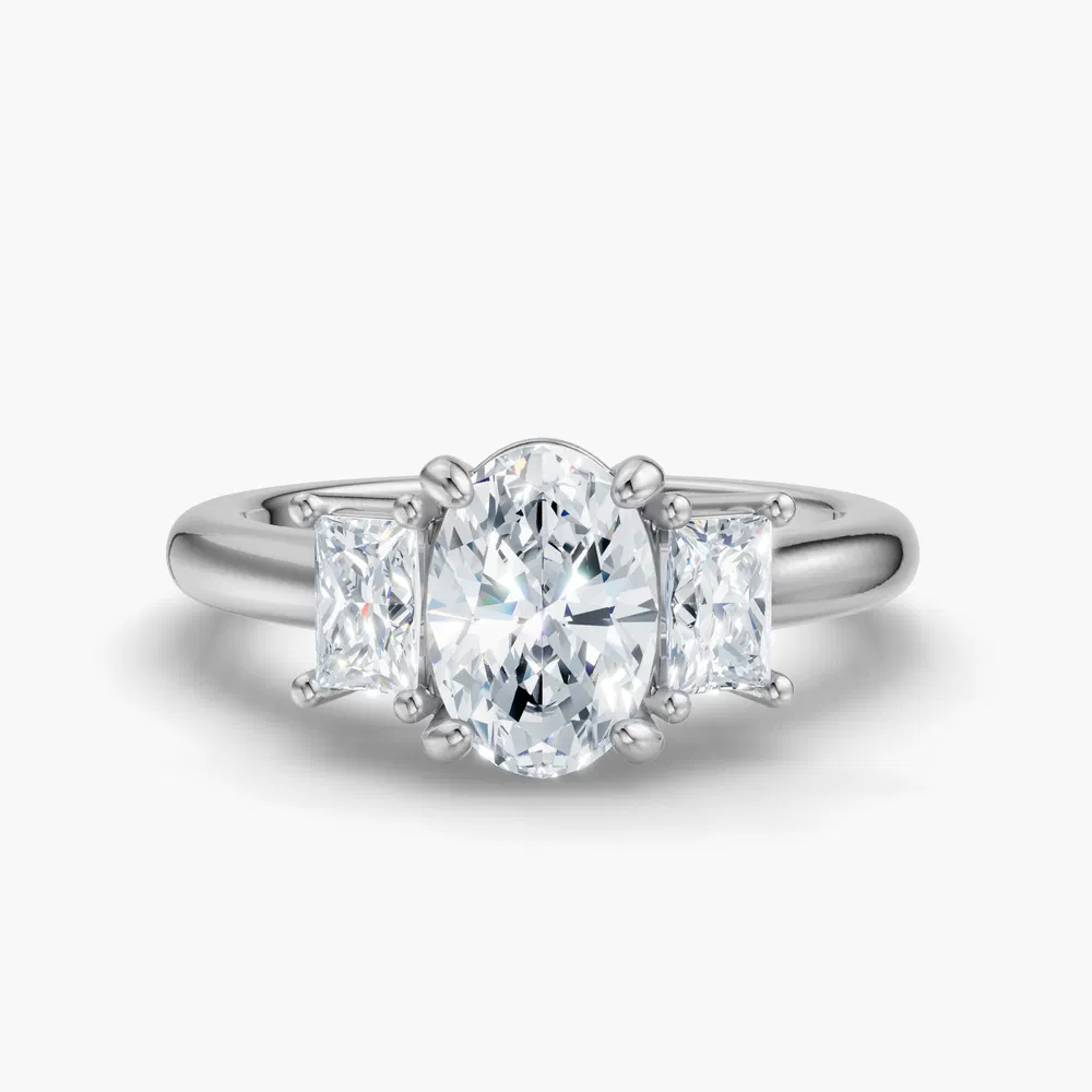 Certified 1 carat Lab Grown Diamond Oval Cut Three Stone, Side Stone Engagement Ring in 14K White Gold-Dravon