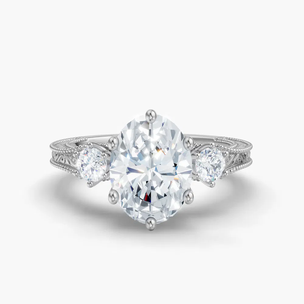 Certified 1 carat Lab Grown Diamond Oval Cut Three Stone, Unique, Milgrain Engagement Ring in 14K White Gold-Zara