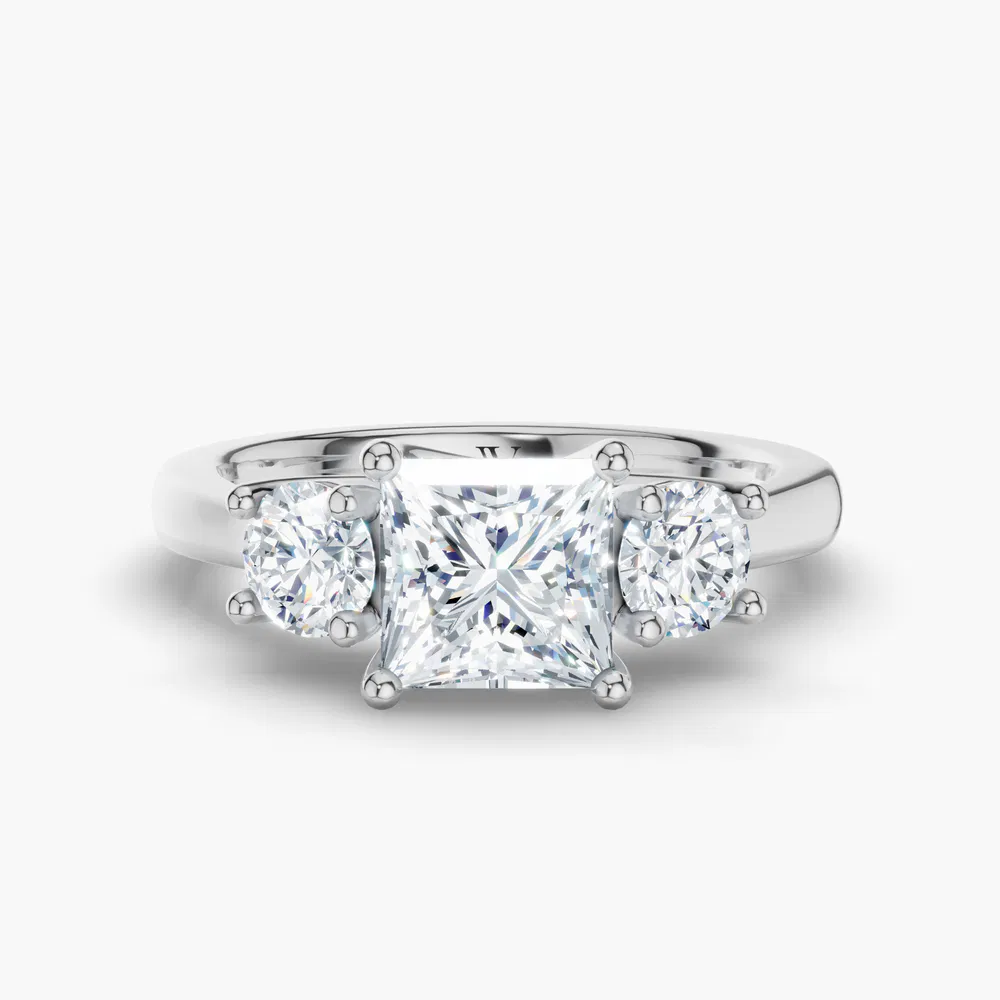 Certified 1 carat Lab Grown Diamond Princess Cut Three Stone, Side Stone, Low profile Engagement Ring in 14K White Gold-Valeri
