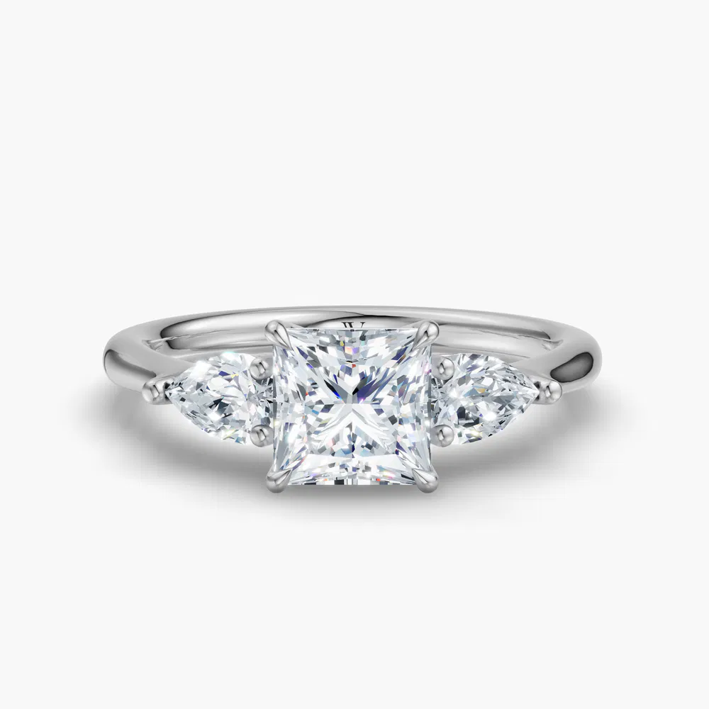 Certified 1 carat Lab Grown Diamond Princess Cut Three Stone, Side Stone, Low profile Engagement Ring in 14K White Gold-Hailu