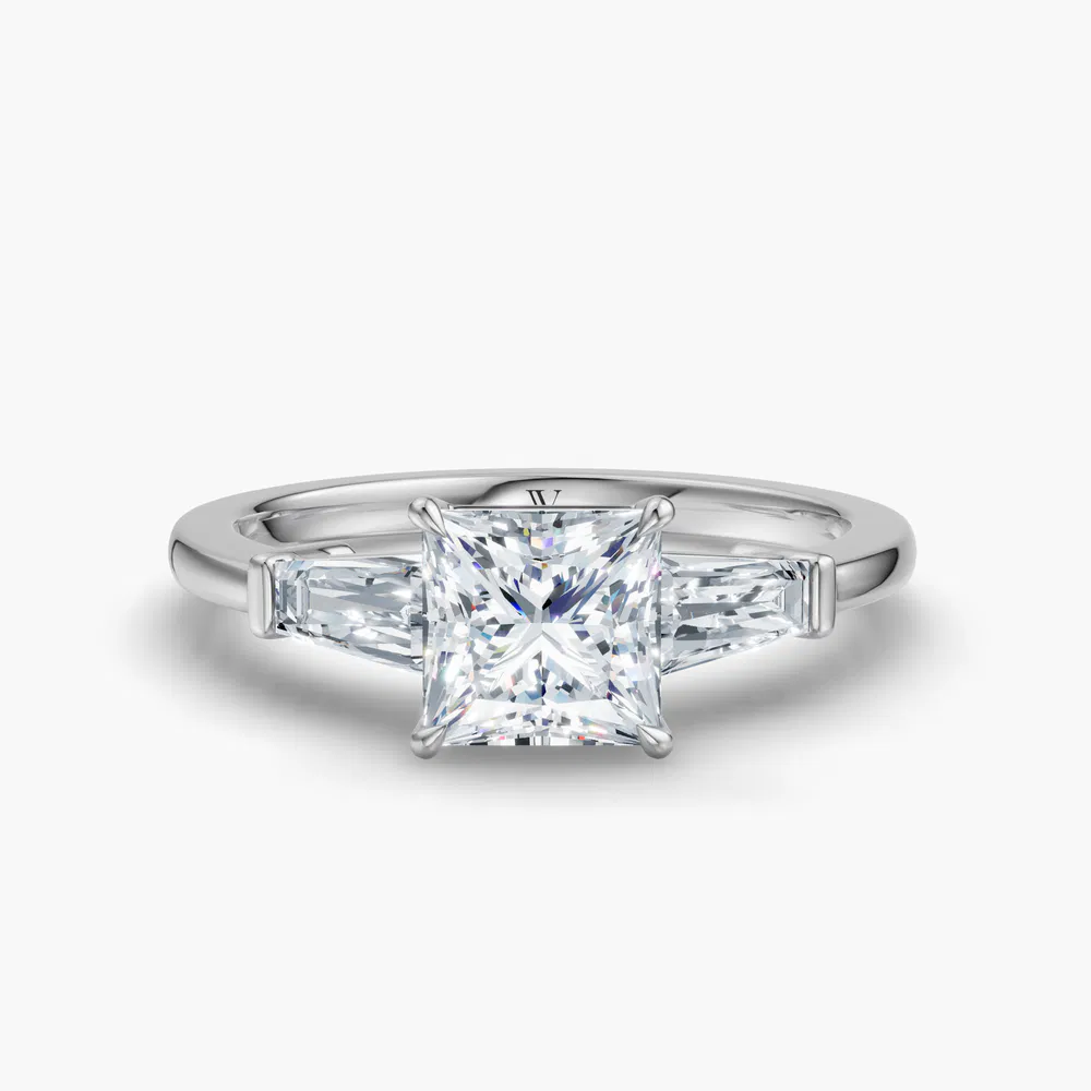 Certified 1 carat Lab Grown Diamond Princess Cut Three Stone, Baguette, Cathedral Engagement Ring in 14K White Gold-Glyss