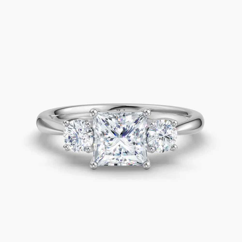 Certified 1 carat Lab Grown Diamond Princess Cut Three Stone, Side Stone, Low profile Engagement Ring in 14K White Gold-Dhyra
