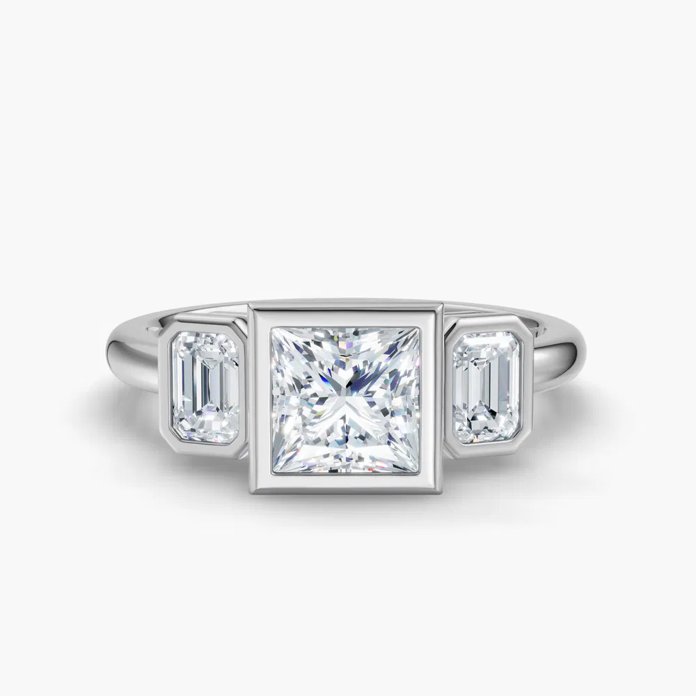 Certified 1 carat Lab Grown Diamond Princess Cut Three Stone, Bezel, Low profile Engagement Ring in 14K White Gold-Elix