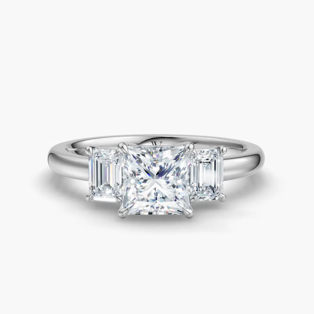 Certified 1 carat Lab Grown Diamond Princess Cut Three Stone, Side Stone, Low profile Engagement Ring in 14K White Gold-Nectarl