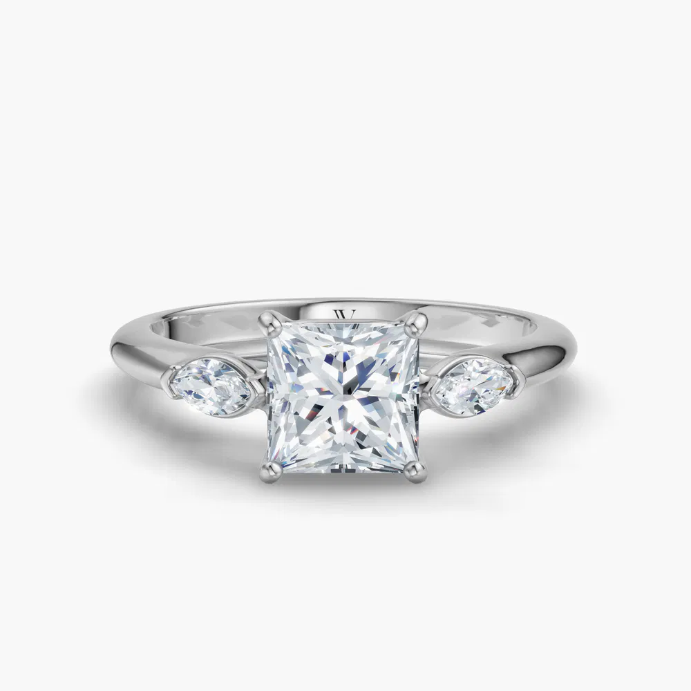 Certified 1 carat Lab Grown Diamond Princess Cut Three Stone, Side Stone Engagement Ring in 14K White Gold-Glow