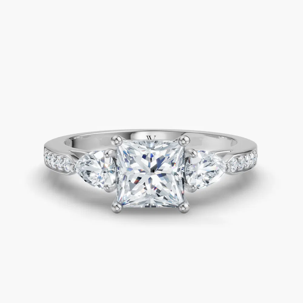 Certified 1 carat Lab Grown Diamond Princess Cut Three Stone, Pavé, Side Stone Engagement Ring in 14K White Gold-Zevd