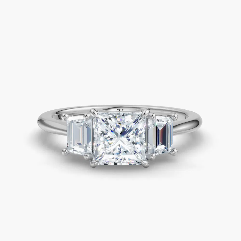 Certified 1 carat Lab Grown Diamond Princess Cut Three Stone, Side Stone, Low profile Engagement Ring in 14K White Gold-Cygnus