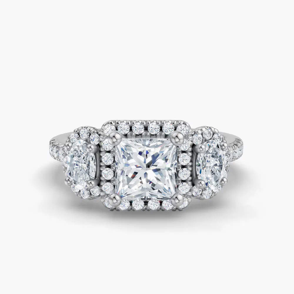 Certified 1 carat Lab Grown Diamond Princess Cut Pavé, Three Stone, Halo Engagement Ring in 14K White Gold-Norell