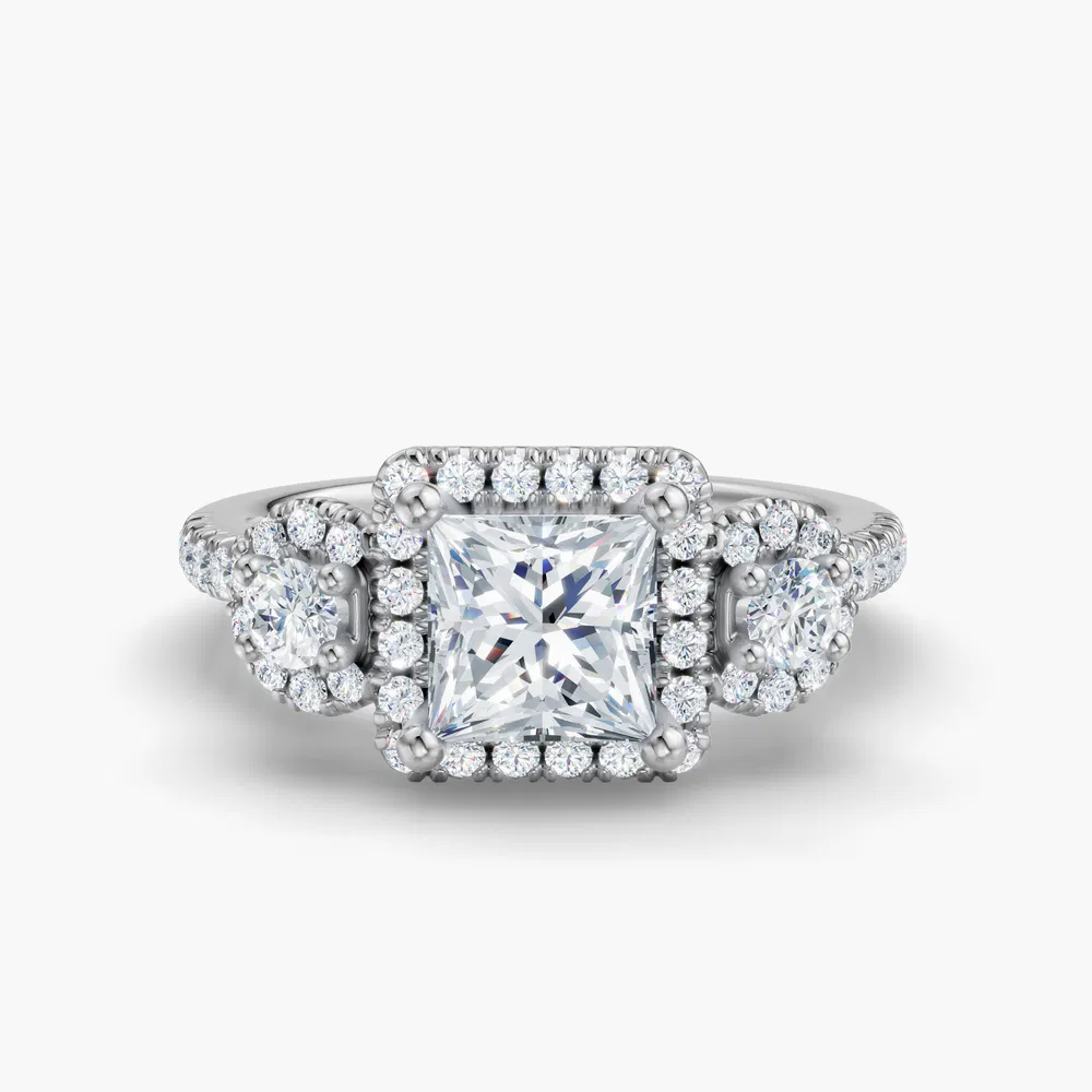 Certified 1 carat Lab Grown Diamond Princess Cut Three Stone, Halo, Hidden Halo Engagement Ring in 14K White Gold-Hylor