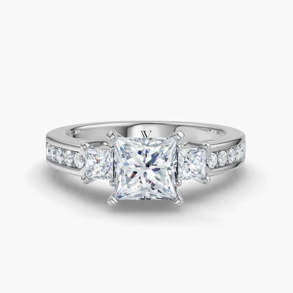 Certified 1 carat Lab Grown Diamond Princess Cut Three Stone, Pavé, Channel Set Engagement Ring in 14K White Gold-Velis