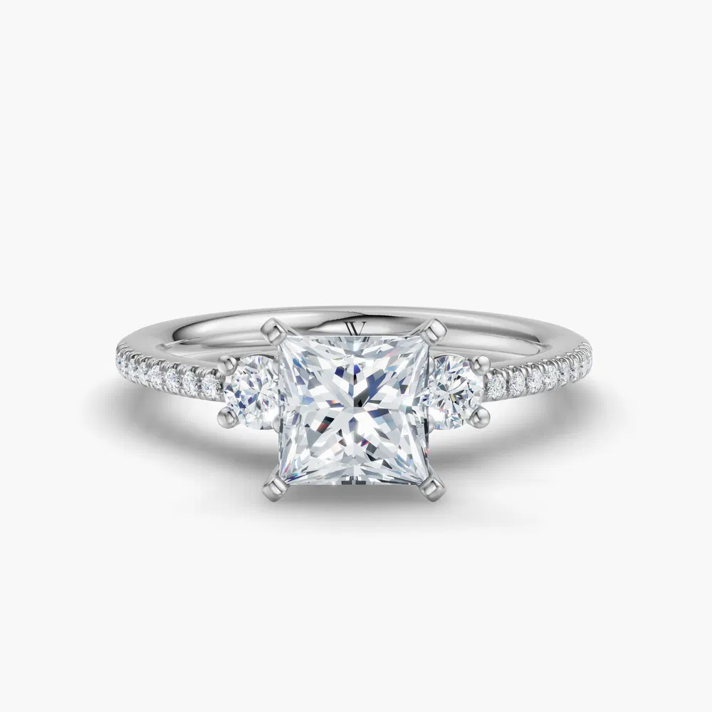 Certified 1 carat Lab Grown Diamond Princess Cut Three Stone, Pavé, Side Stone Engagement Ring in 14K White Gold-Vynix
