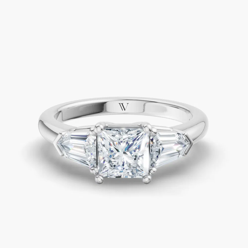 Certified 1 carat Lab Grown Diamond Princess Cut Three Stone, Side Stone Engagement Ring in 14K White Gold-Lyris