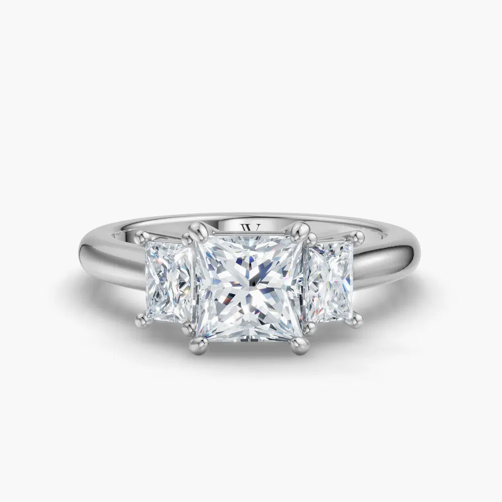 Certified 1 carat Lab Grown Diamond Princess Cut Three Stone, Side Stone Engagement Ring in 14K White Gold-Dravon