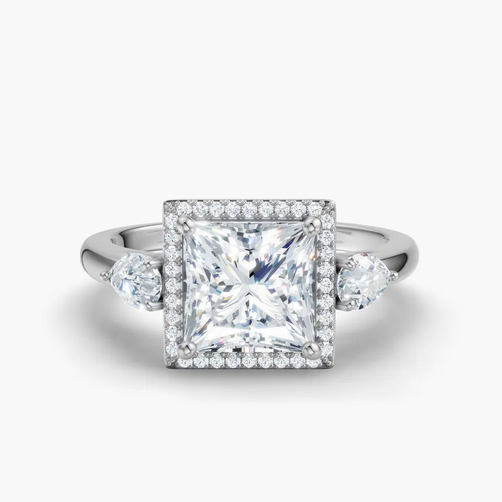 Certified 1 carat Lab Grown Diamond Princess Cut Halo, Cathedral, Three Stone Engagement Ring in 14K White Gold-Daren
