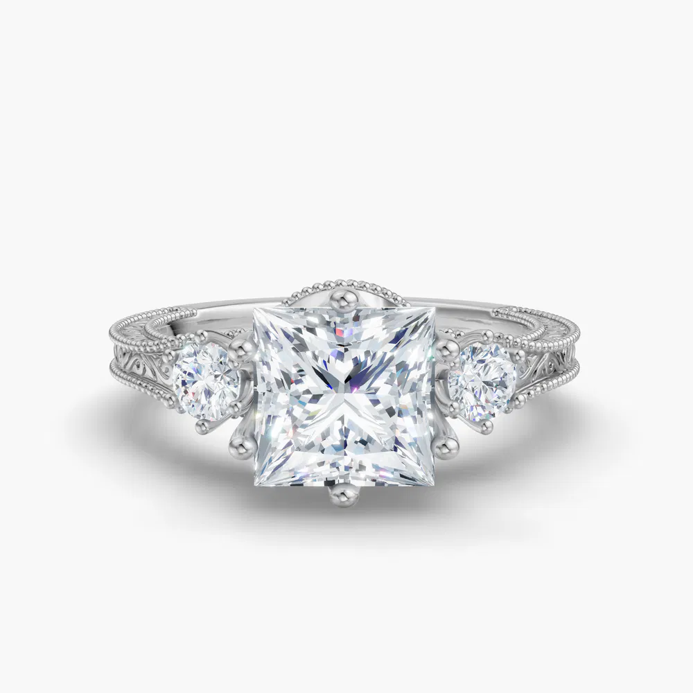 Certified 1 carat Lab Grown Diamond Princess Cut Three Stone, Unique, Milgrain Engagement Ring in 14K White Gold-Zara