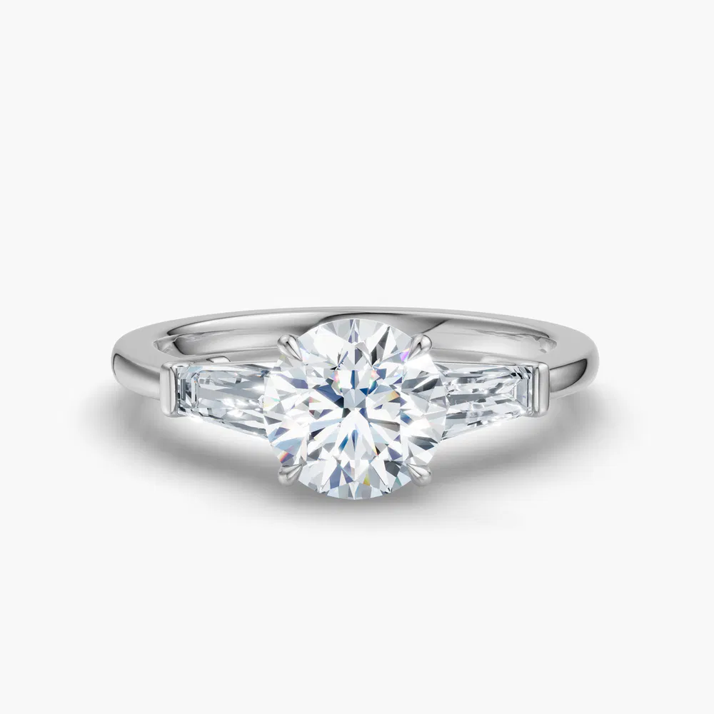 Glyss 1 carat Lab Grown Diamond Round Cut Three Stone, Side Stone, Baguette Engagement Ring in 14K White Gold