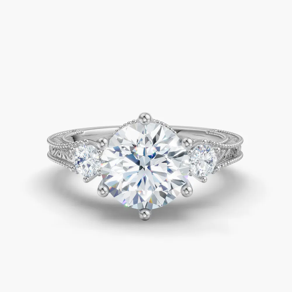 Zara 1 carat Lab Grown Diamond Round Cut Three Stone, Vintage, Side Stone Engagement Ring in 14K White Gold