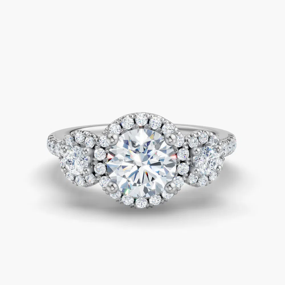 Hylor 1 carat Lab Grown Diamond Round Cut Three Stone, Side Stone, Halo Engagement Ring in 14K White Gold