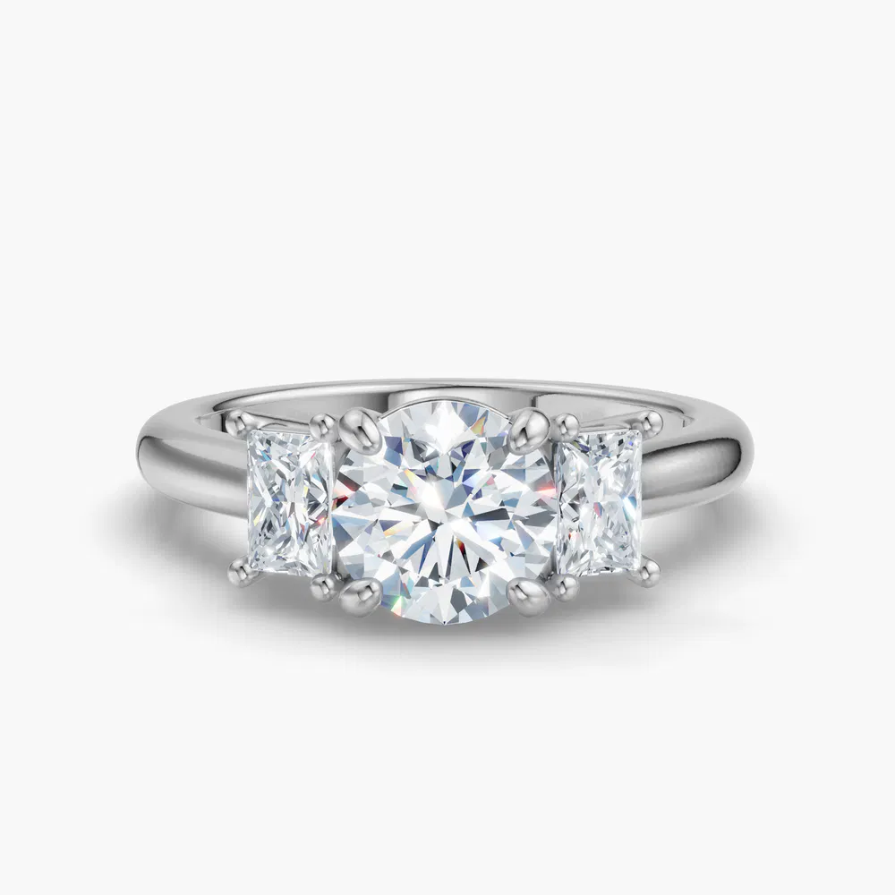 Dravon 1 carat Lab Grown Diamond Round Cut Three Stone, Side Stone Engagement Ring in 14K White Gold