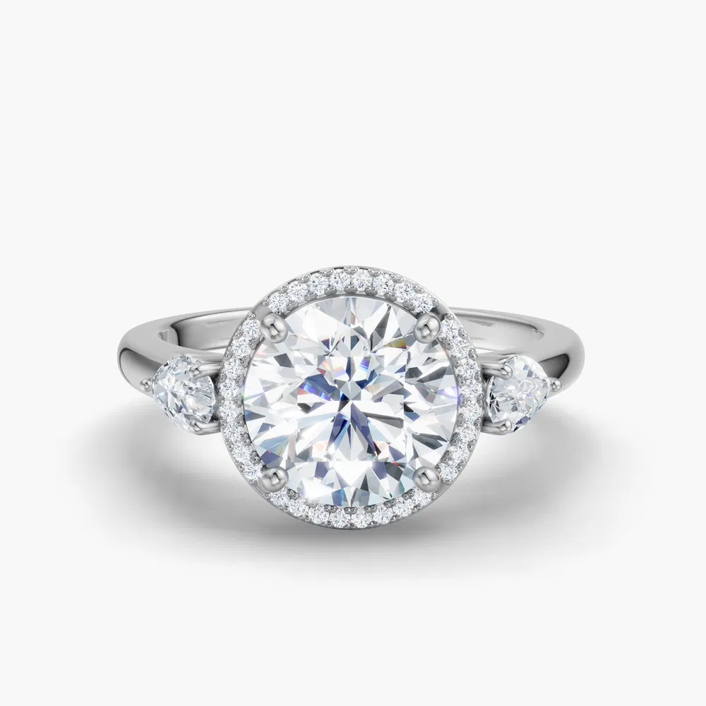 Daren 1 carat Lab Grown Diamond Round Cut Three Stone, Side Stone, Halo Engagement Ring in 14K White Gold