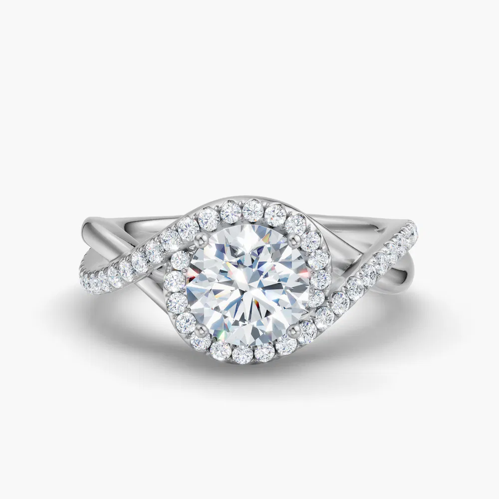 Dell 1 carat Lab Grown Diamond Round Cut Twist, Halo, Unique Engagement Ring in 14K White Gold