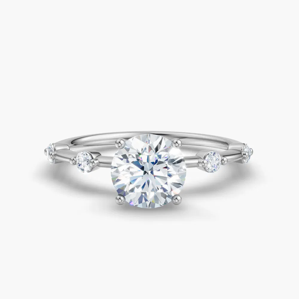 Certified 1 carat Lab Grown Diamond Round Cut Four Prong, Low profile, Side Stone Engagement Ring in 14K White Gold-Hriw