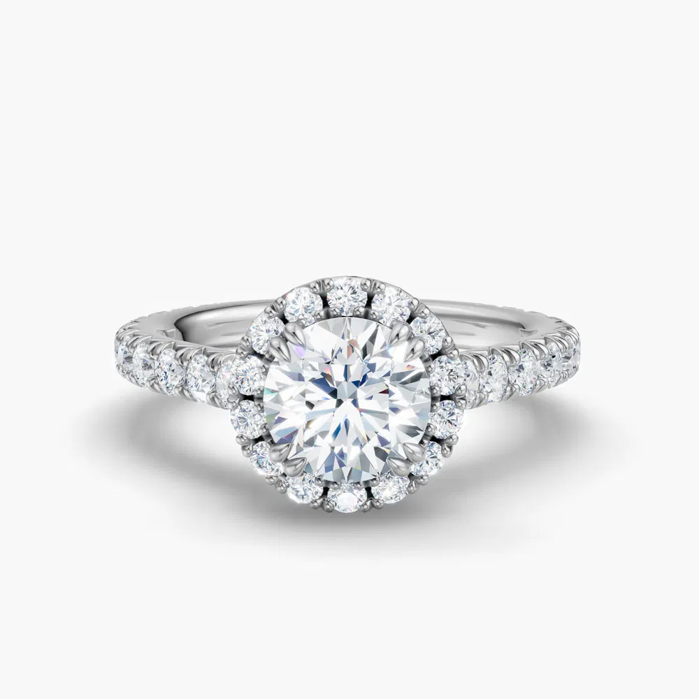 Zaria 1 carat Lab Grown Diamond Round Cut Halo, Cathedral, Pavé Engagement Ring in 14K White Gold