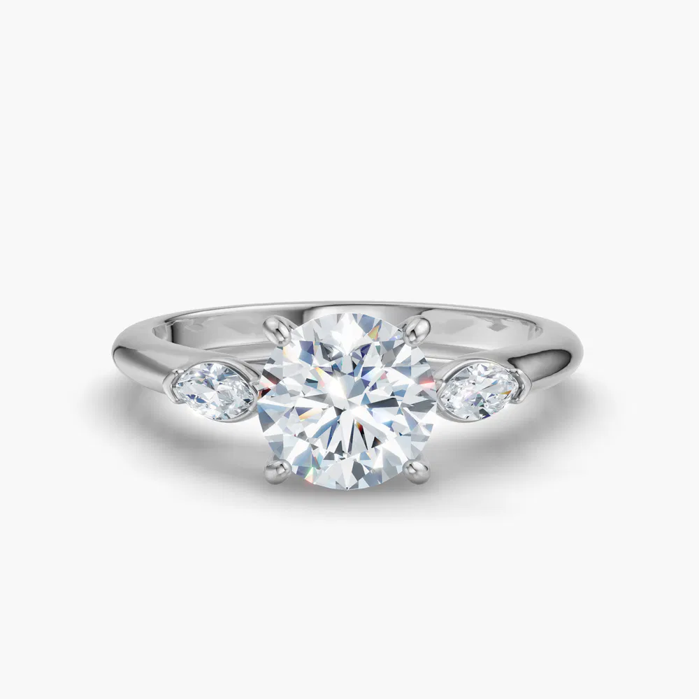 Glow 1 carat Lab Grown Diamond Round Cut Side Stone, Three Stone Engagement Ring in 14K White Gold