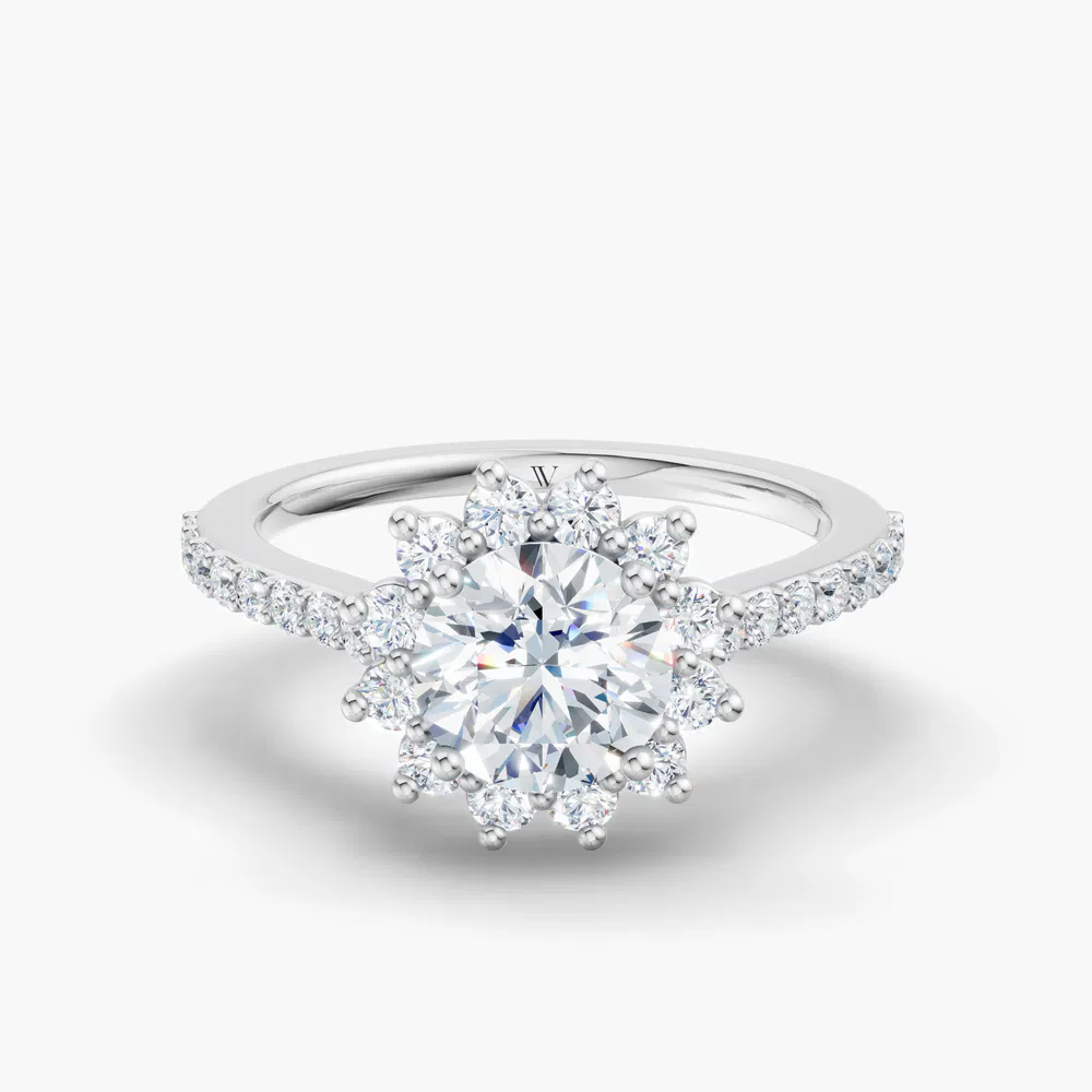 Elite Juniper 1 carat Lab Grown Diamond Round Cut Halo, Floral, Pavé Engagement Ring in 14K White Gold