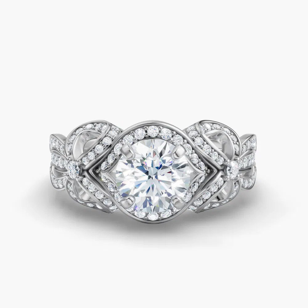 Certified 1 carat Lab Grown Diamond Round Cut Halo, Unique, Pavé Engagement Ring in 14K White Gold-Calista