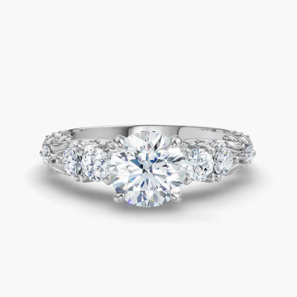 Certified 1 carat Lab Grown Diamond Round Cut Hidden Halo, Unique, Side Stone Engagement Ring in 14K White Gold-Marinia