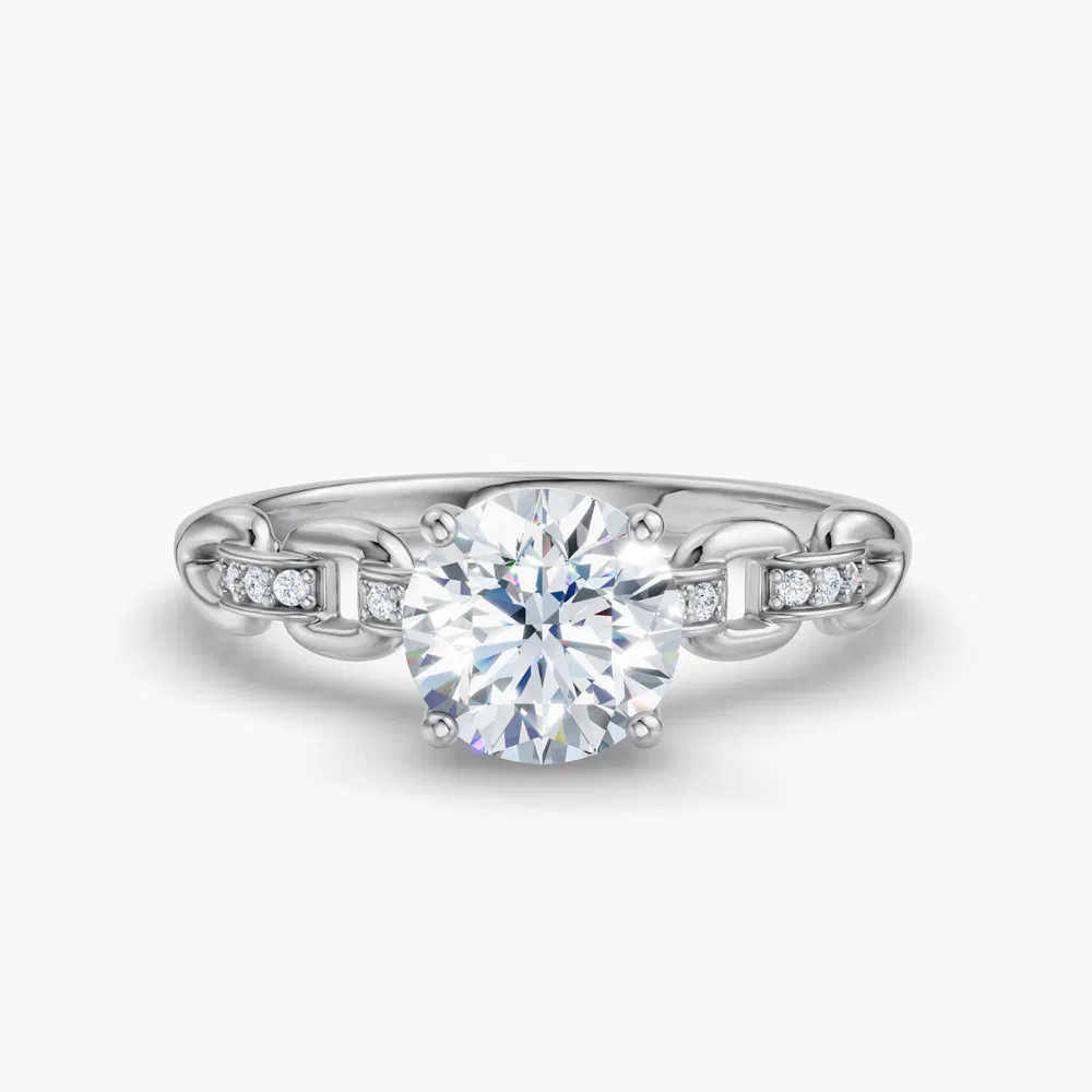 Certified 1 carat Lab Grown Diamond Round Cut Twist, Unique, Side Stone Engagement Ring in 14K White Gold-Perenne