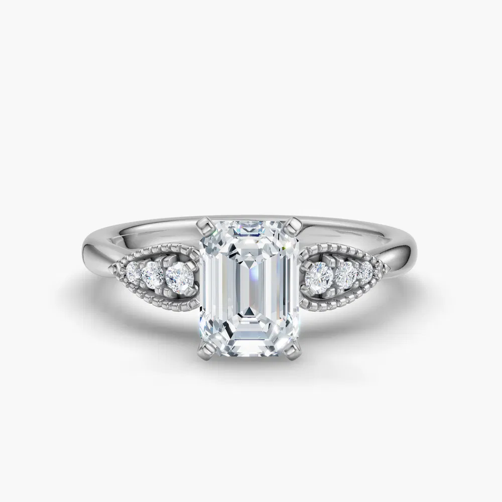 Certified 1 carat Lab Grown Diamond Emerald Cut Milgrain, Vintage, Side Stone Engagement Ring in 14K White Gold-Yerlin