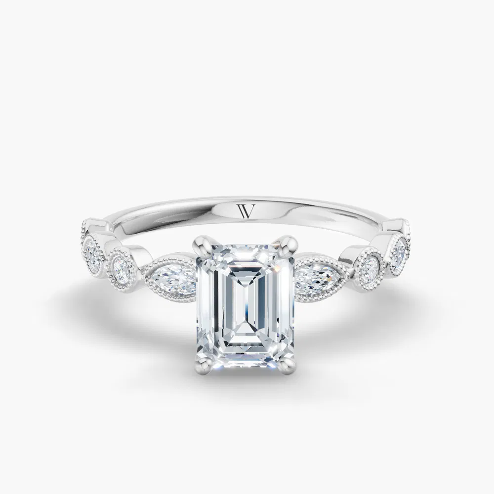 Certified 1 carat Lab Grown Diamond Emerald Cut Vintage, Milgrain, Side Stone Engagement Ring in 14K White Gold-Sior