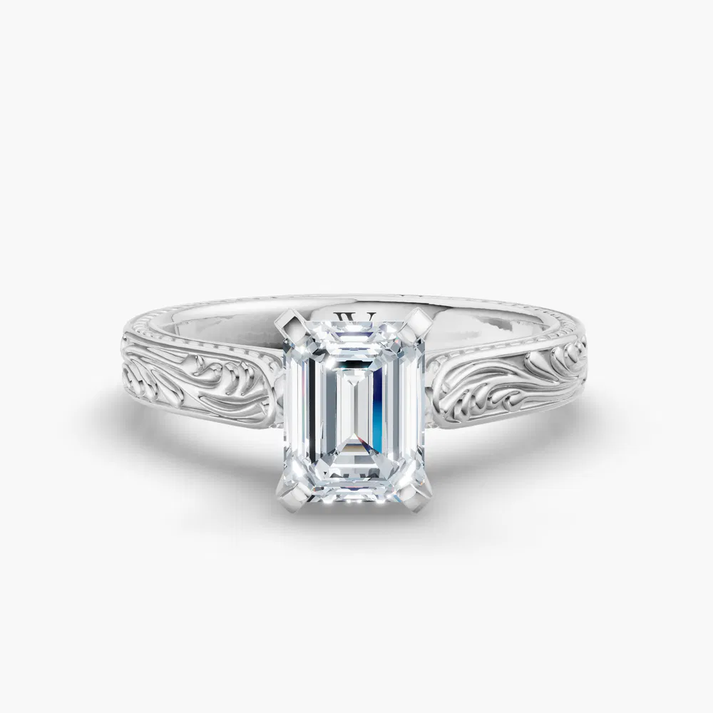 Certified 1 carat Lab Grown Diamond Emerald Cut Solitaire, Vintage, Cathedral Engagement Ring in 14K White Gold-Nael