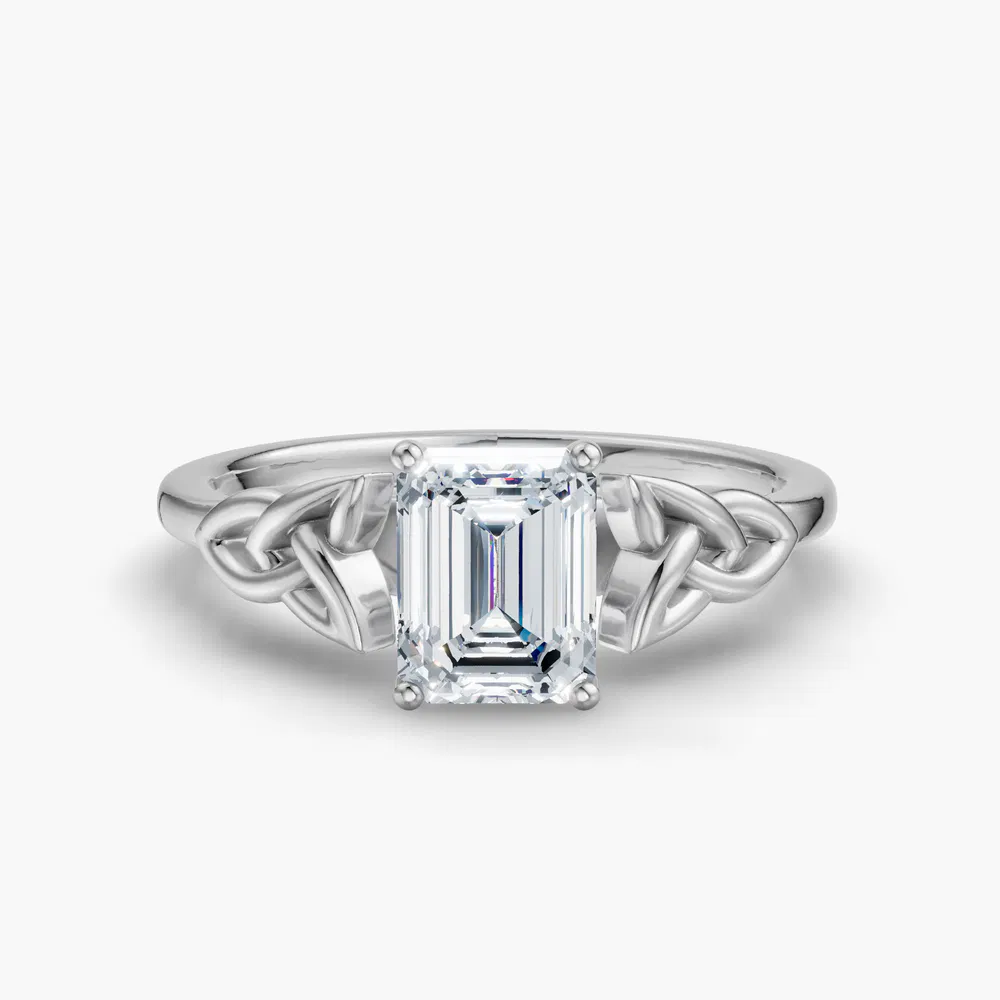 Certified 1 carat Lab Grown Diamond Emerald Cut Solitaire, Cathedral, Celtic Engagement Ring in 14K White Gold-Vire