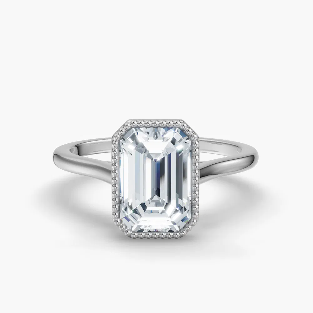 Certified 1 carat Lab Grown Diamond Emerald Cut Solitaire, Milgrain, Cathedral Engagement Ring in 14K White Gold-Firen