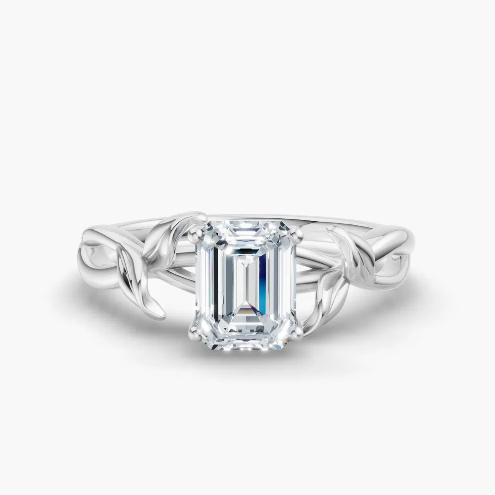 Certified 1 carat Lab Grown Diamond Emerald Cut Solitaire, Vintage, Split Shank Engagement Ring in 14K White Gold-Mirel