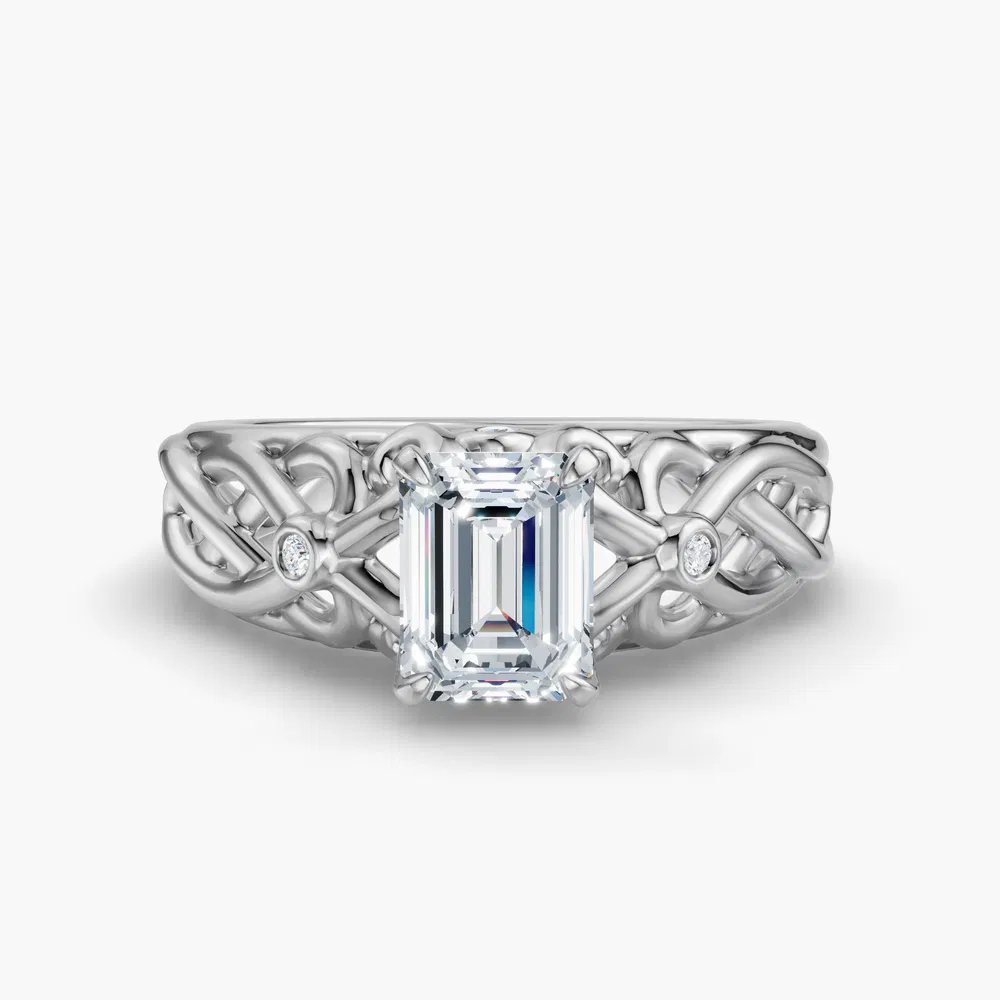 Certified 1 carat Lab Grown Diamond Emerald Cut Split Shank, Vintage, Twist Engagement Ring in 14K White Gold-Seren