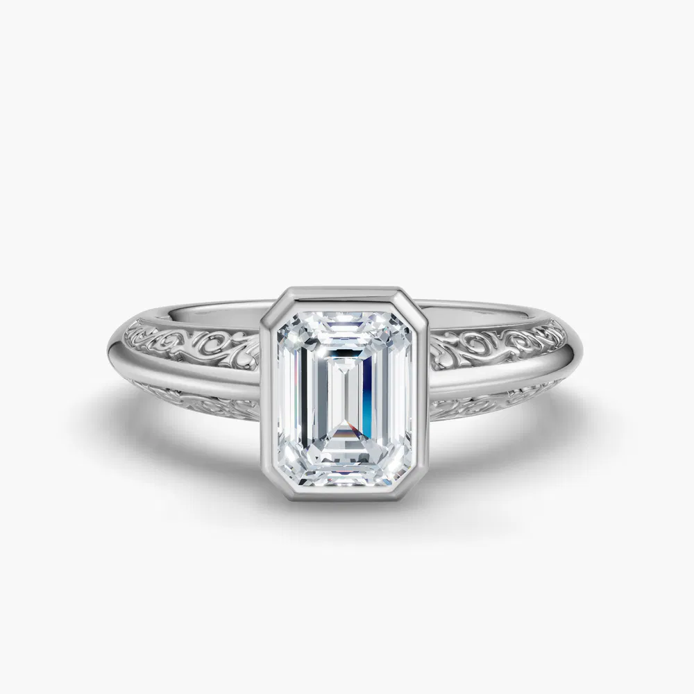 Certified 1 carat Lab Grown Diamond Emerald Cut Solitaire, Vintage, Bezel Engagement Ring in 14K White Gold-Veyra