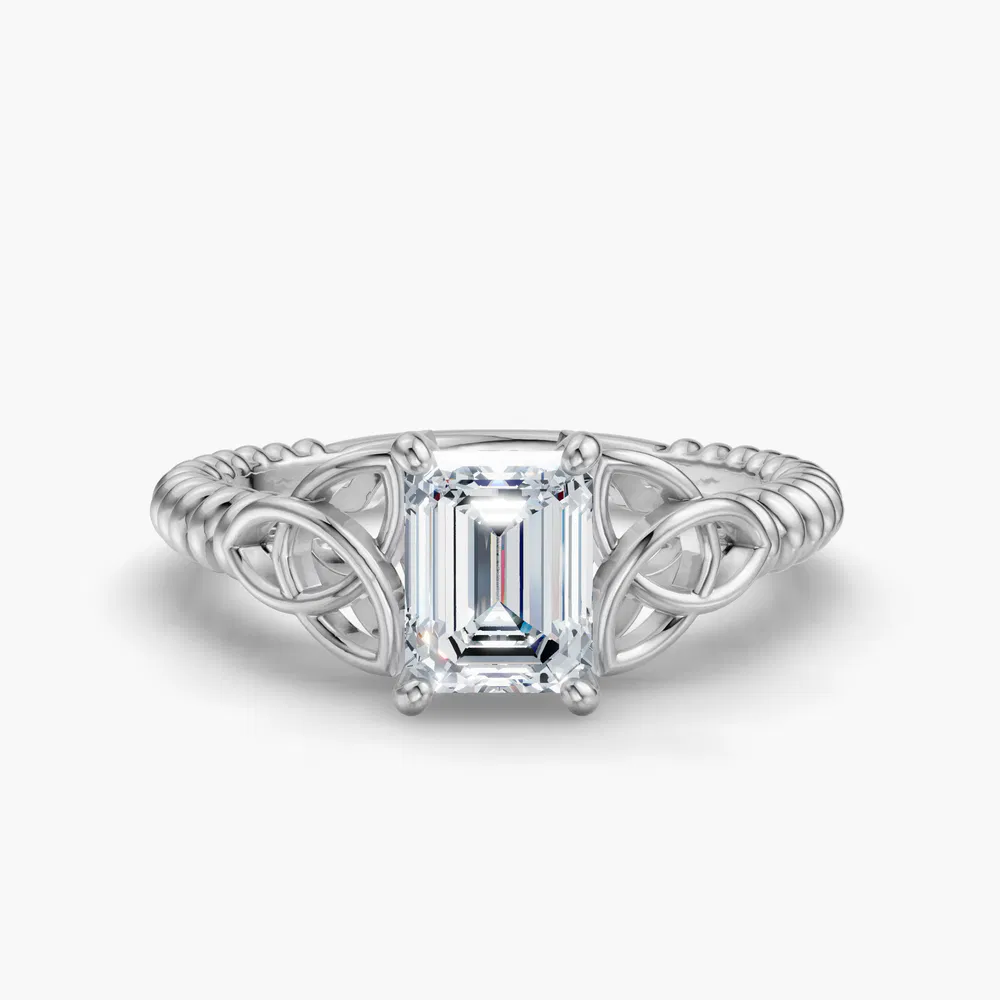 Certified 1 carat Lab Grown Diamond Emerald Cut Solitaire, Twist, Celtic Engagement Ring in 14K White Gold-Thalyn