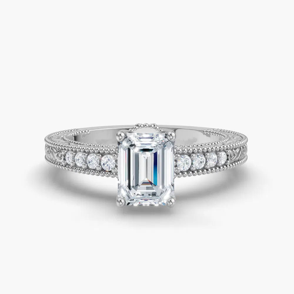 Certified 1 carat Lab Grown Diamond Emerald Cut Vintage, Milgrain, Side Stone Engagement Ring in 14K White Gold-Meren